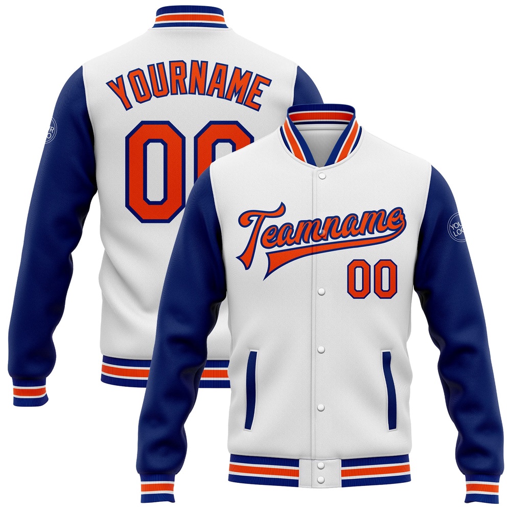 Custom White Orange Royal Bomber Full Snap Varsity Baseball Jacket, Custom Team Jacket Custom White Orange Royal Bomber Full Snap Varsity Baseball Jacket, Custom Team Jacket