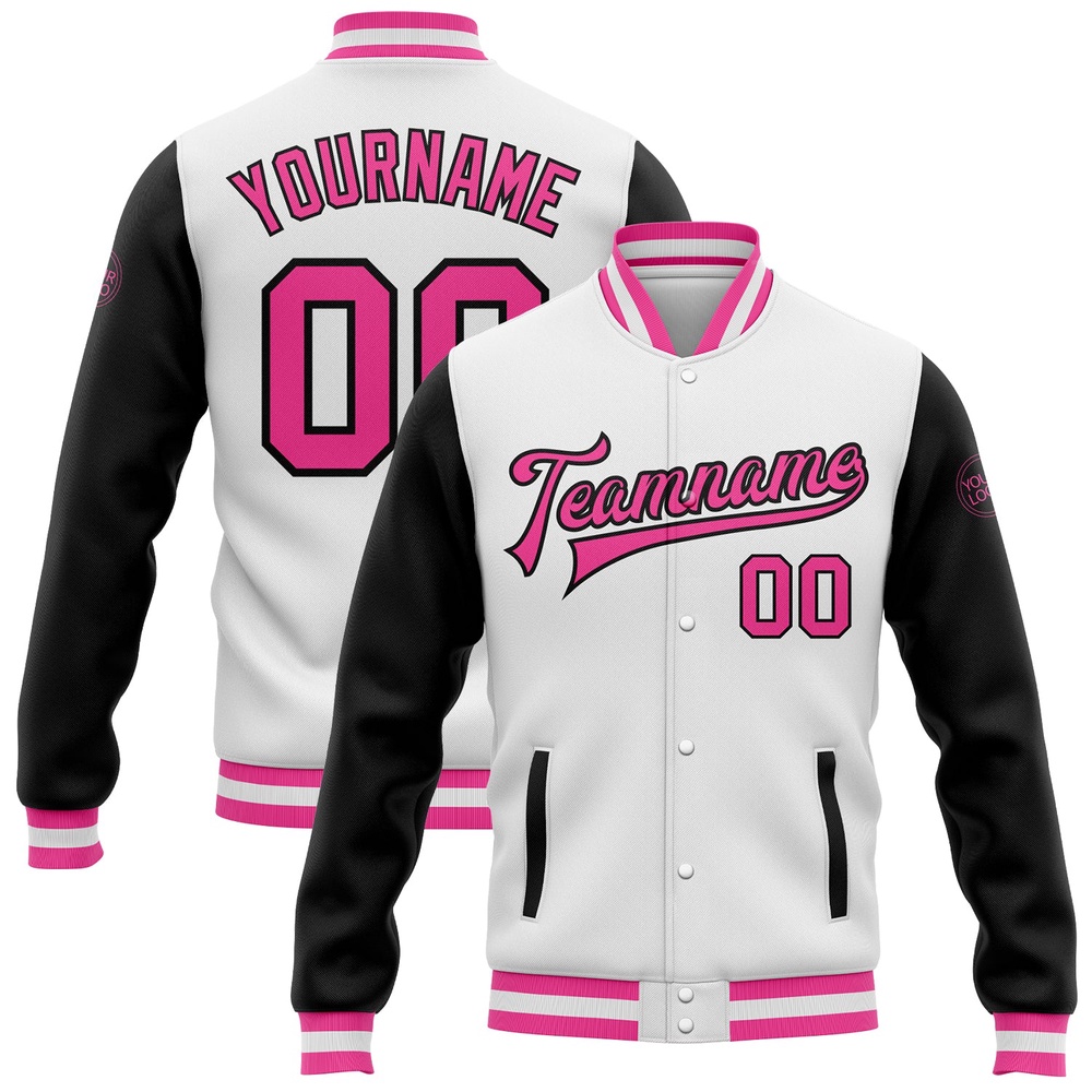 Custom White Pink Black Bomber Full Snap Varsity Baseball Jacket, Custom Team Jacket Custom White Pink Black Bomber Full Snap Varsity Baseball Jacket, Custom Team Jacket