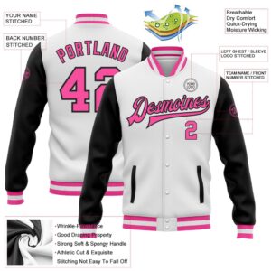 Custom White Pink Black Bomber Full Snap Varsity Baseball Jacket Custom Team Jacket 2 jsemoz.jpg