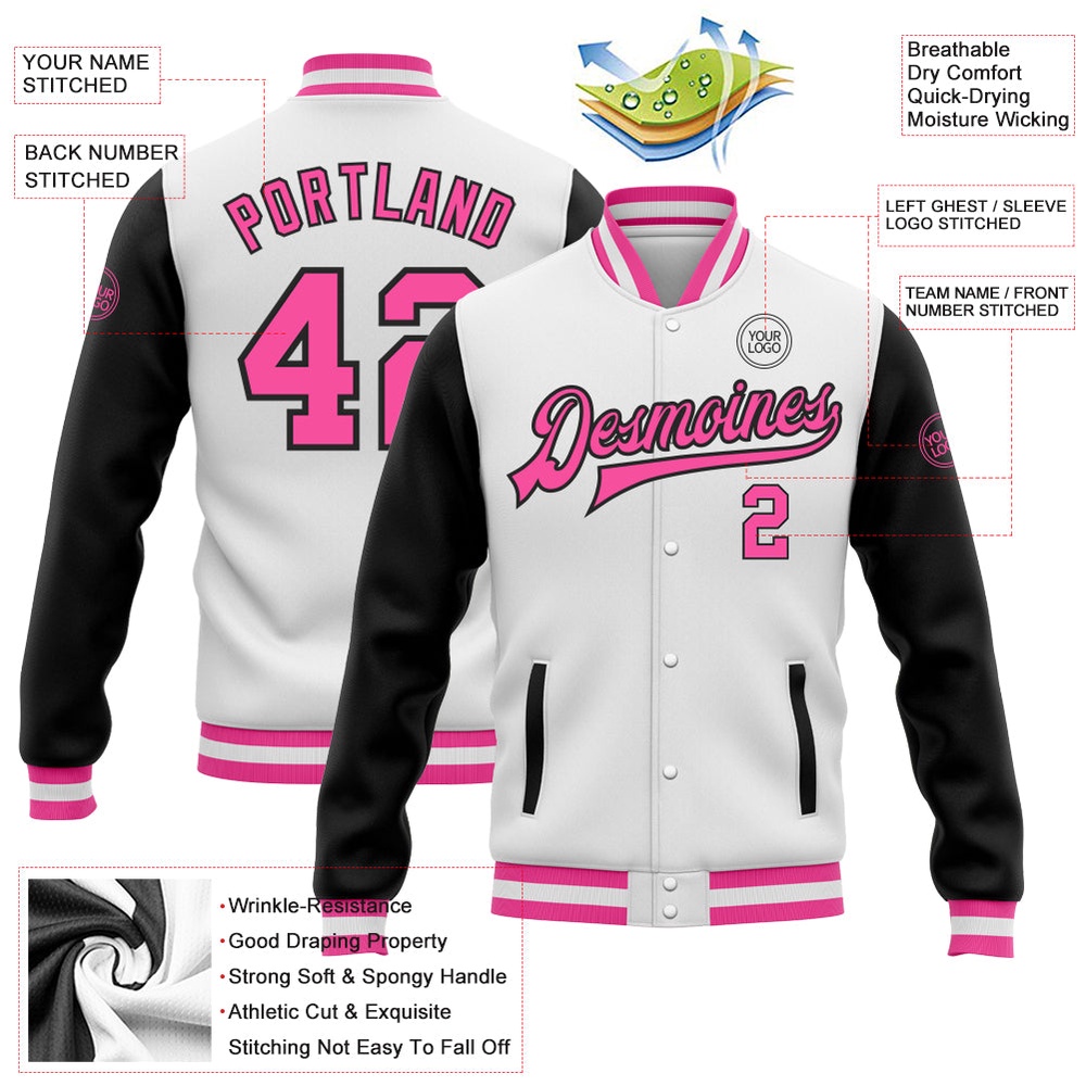 Custom White Pink Black Bomber Full Snap Varsity Baseball Jacket, Custom Team Jacket Custom White Pink Black Bomber Full Snap Varsity Baseball Jacket, Custom Team Jacket