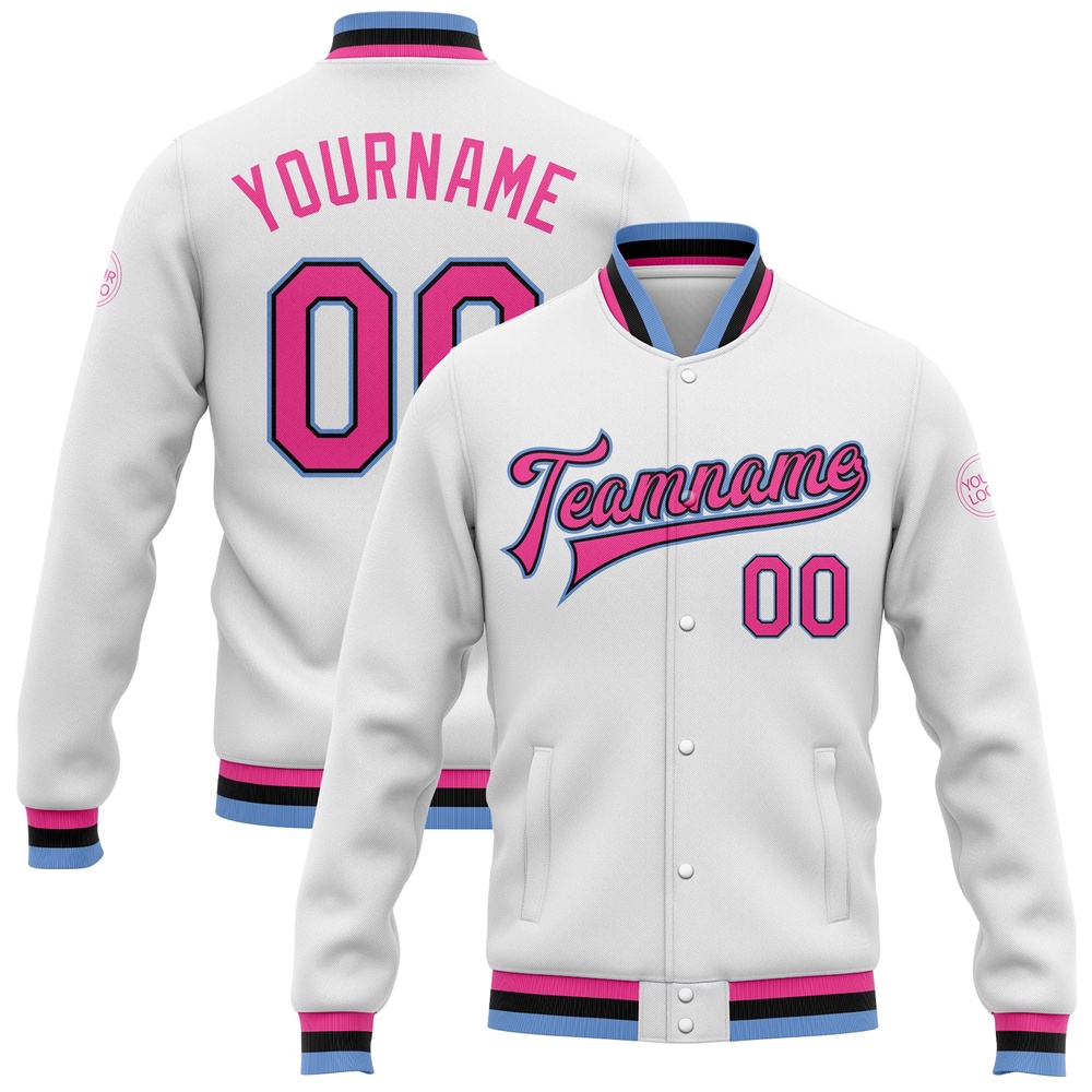 Custom White Pink Black Light Blue Bomber Full Snap Baseball Jacket, Custom Team Jacket Custom White Pink Black Light Blue Bomber Full Snap Baseball Jacket, Custom Team Jacket