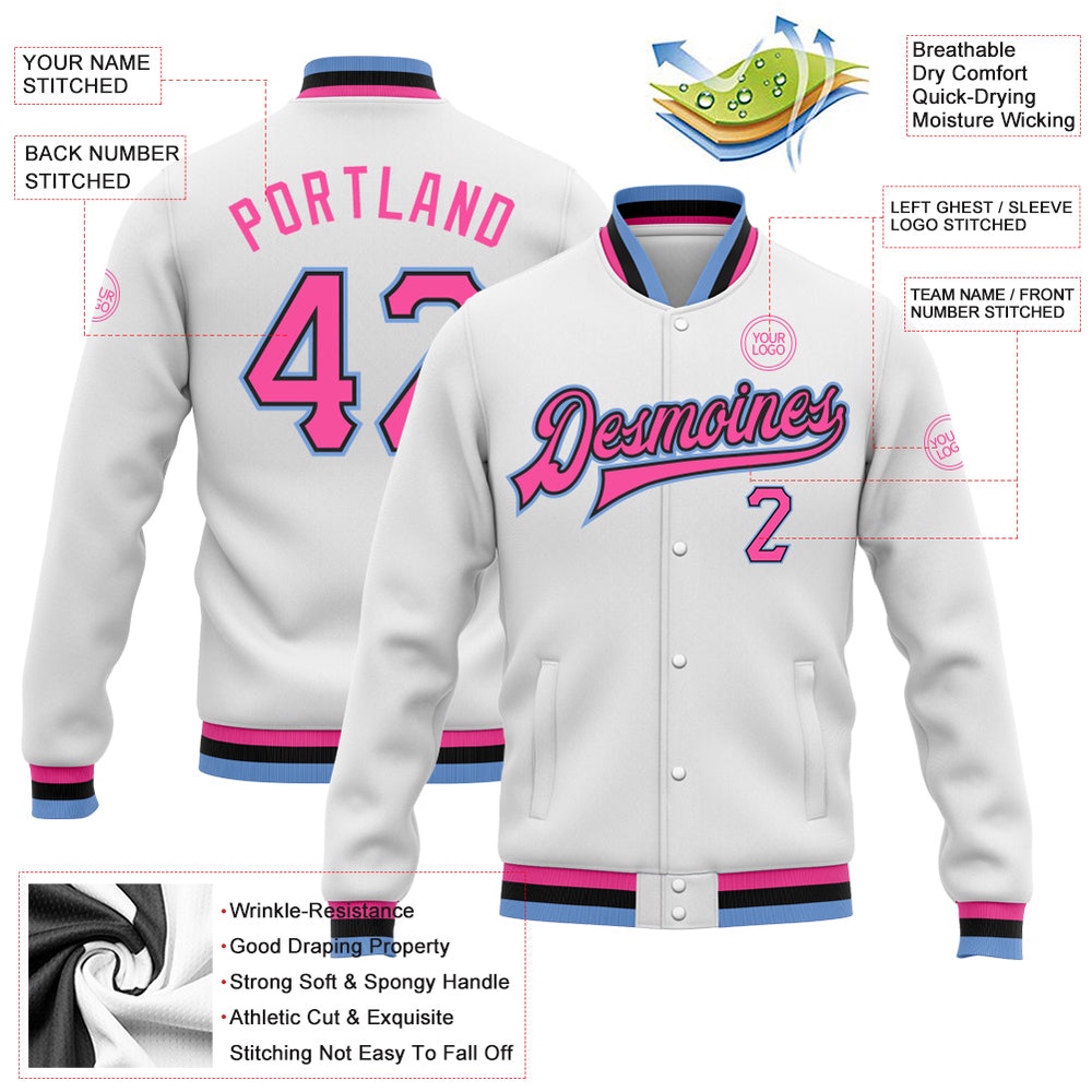Custom White Pink Black Light Blue Bomber Full Snap Baseball Jacket, Custom Team Jacket Custom White Pink Black Light Blue Bomber Full Snap Baseball Jacket, Custom Team Jacket