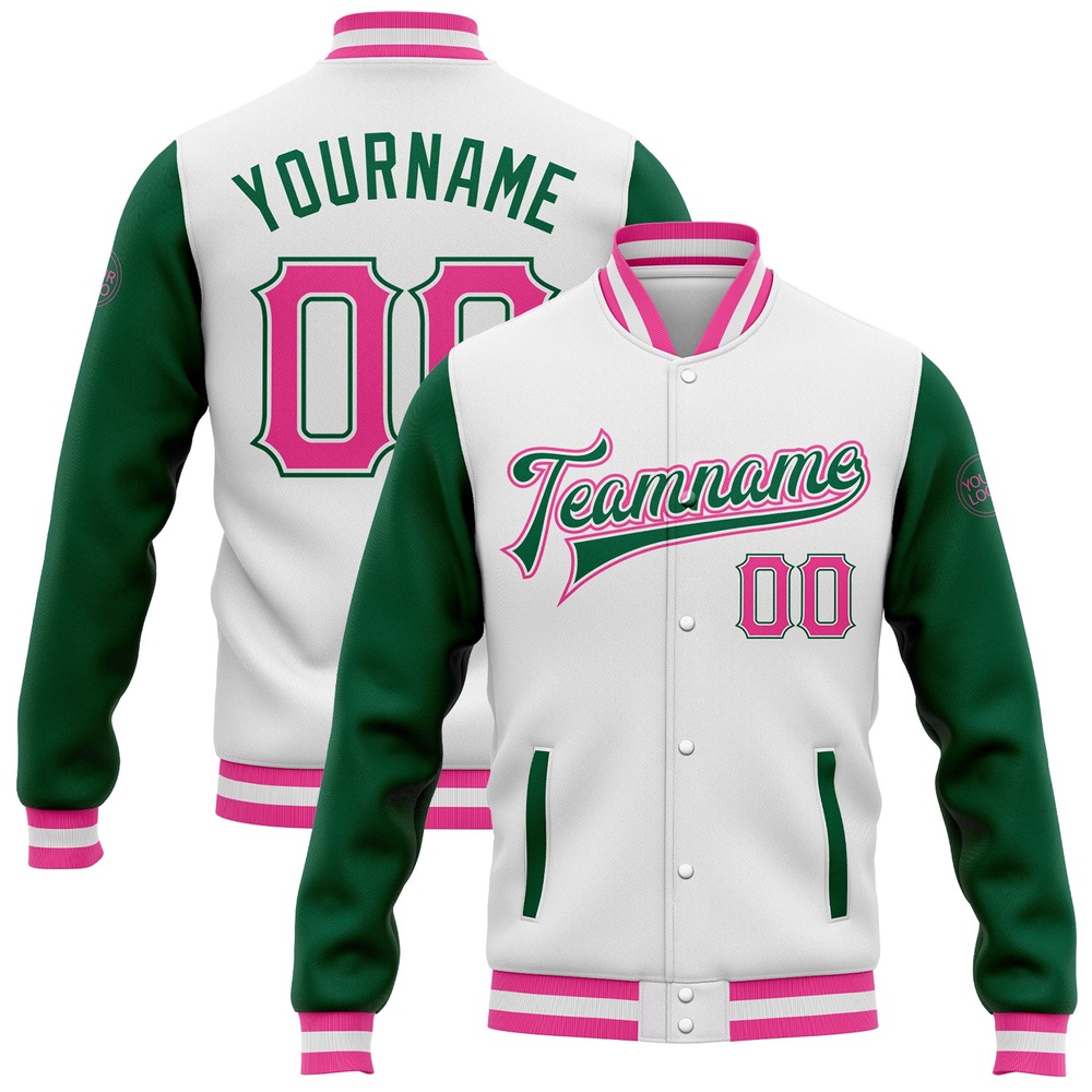 Custom White Pink Kelly Green Bomber Full Snap Varsity Baseball Jacket, Custom Team Jacket Custom White Pink Kelly Green Bomber Full Snap Varsity Baseball Jacket, Custom Team Jacket