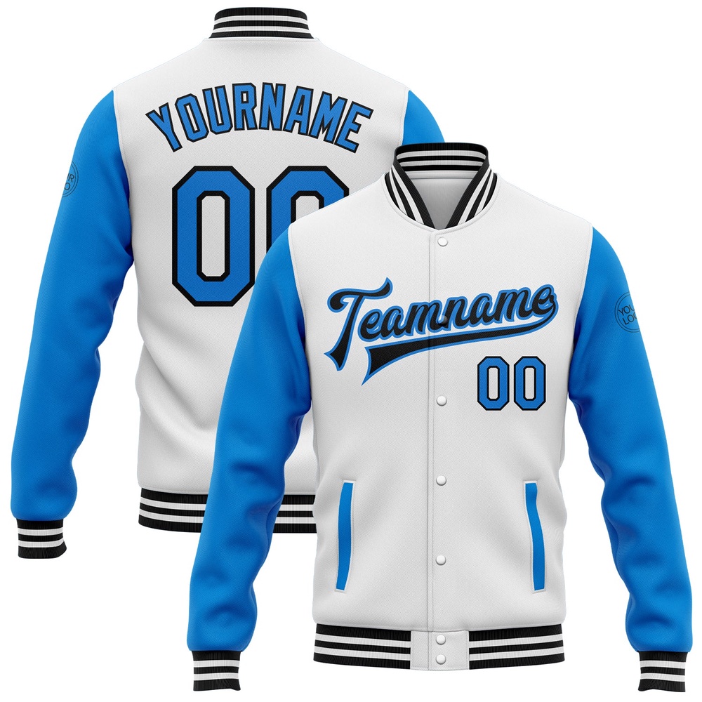 Custom White Powder Blue Black Bomber Full Snap Varsity Baseball Jacket, Custom Team Jacket Custom White Powder Blue Black Bomber Full Snap Varsity Baseball Jacket, Custom Team Jacket