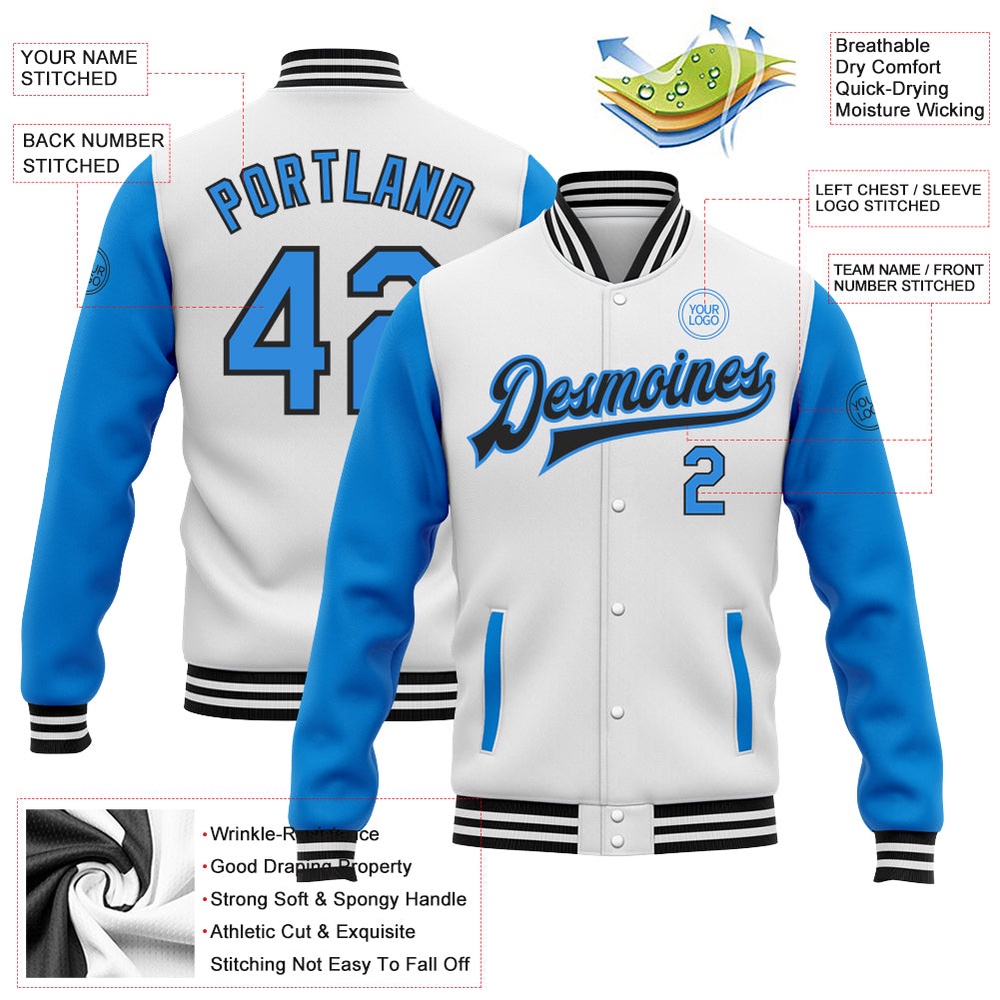 Custom White Powder Blue Black Bomber Full Snap Varsity Baseball Jacket, Custom Team Jacket Custom White Powder Blue Black Bomber Full Snap Varsity Baseball Jacket, Custom Team Jacket