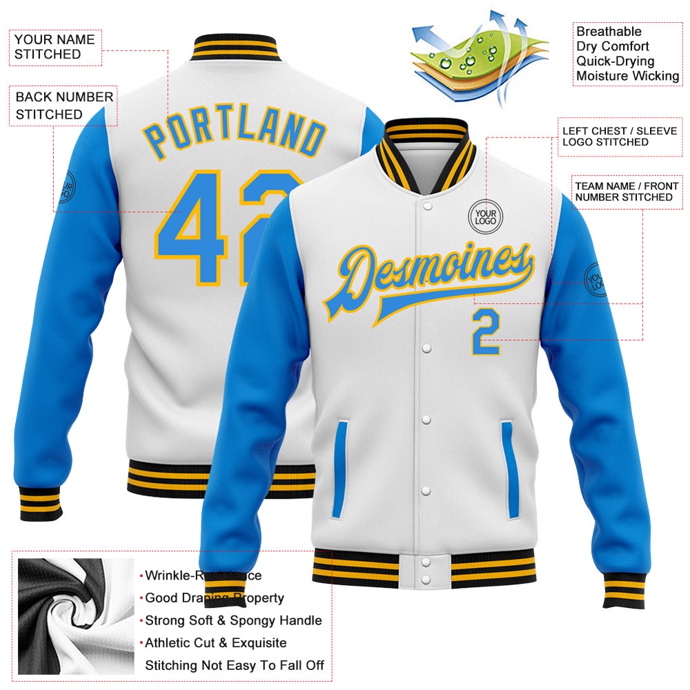 Custom White Powder Blue Gold Black Bomber Full Snap Varsity Baseball Jacket, Custom Team Jacket