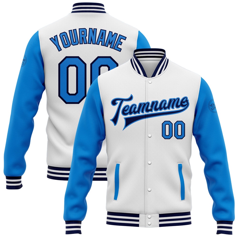 Custom White Powder Blue Navy Bomber Full Snap Varsity Baseball Jacket, Custom Team Jacket Custom White Powder Blue Navy Bomber Full Snap Varsity Baseball Jacket, Custom Team Jacket