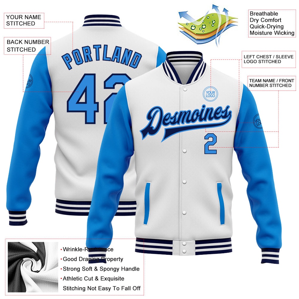 Custom White Powder Blue Navy Bomber Full Snap Varsity Baseball Jacket, Custom Team Jacket Custom White Powder Blue Navy Bomber Full Snap Varsity Baseball Jacket, Custom Team Jacket