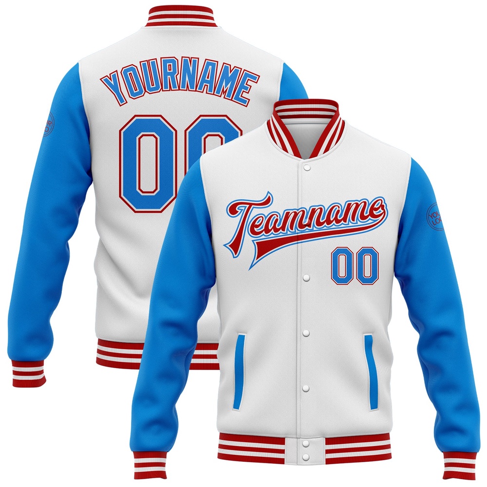 Custom White Powder Blue Red Bomber Full Snap Varsity Baseball Jacket, Custom Team Jacket Custom White Powder Blue Red Bomber Full Snap Varsity Baseball Jacket, Custom Team Jacket