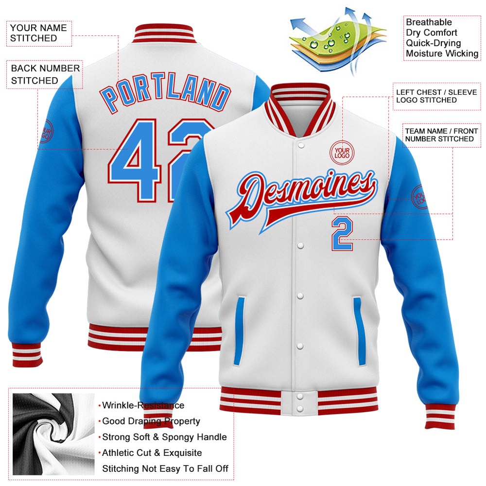 Custom White Powder Blue Red Bomber Full Snap Varsity Baseball Jacket, Custom Team Jacket Custom White Powder Blue Red Bomber Full Snap Varsity Baseball Jacket, Custom Team Jacket