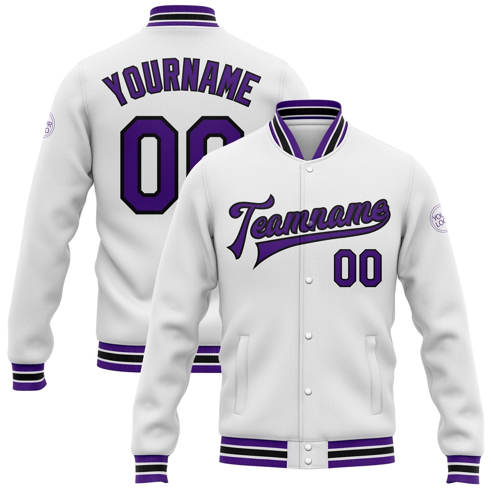 Custom White Purple Black Bomber Full Snap Baseball Jacket, Custom Team Jacket Custom White Purple Black Bomber Full Snap Baseball Jacket, Custom Team Jacket