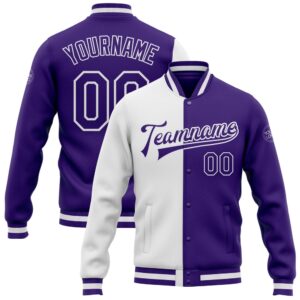 Custom White Purple Bomber Full Snap Varsity…