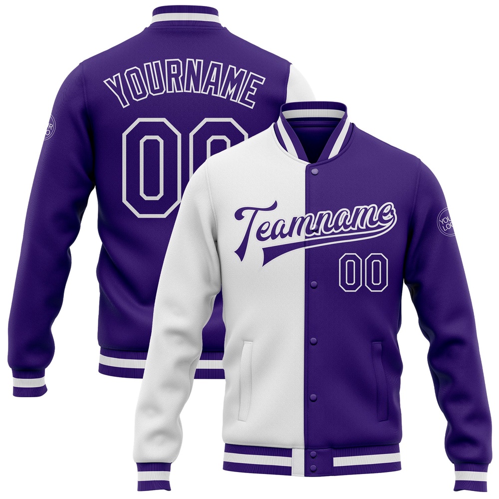 Custom White Purple Bomber Full Snap Varsity Letterman Split Fashion Jacket, Custom Team Jacket