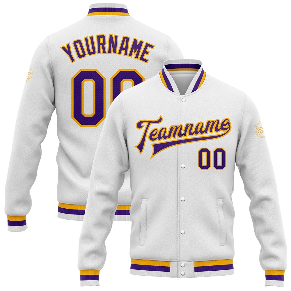 Custom White Purple Gold Bomber Full Snap Baseball Jacket, Custom Team Jacket Custom White Purple Gold Bomber Full Snap Baseball Jacket, Custom Team Jacket