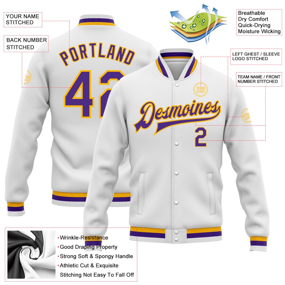 Custom White Purple Gold Bomber Full Snap Baseball Jacket, Custom Team Jacket Custom White Purple Gold Bomber Full Snap Baseball Jacket, Custom Team Jacket