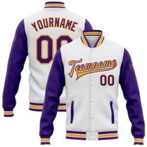 Custom White Purple Gold Bomber Full Snap…