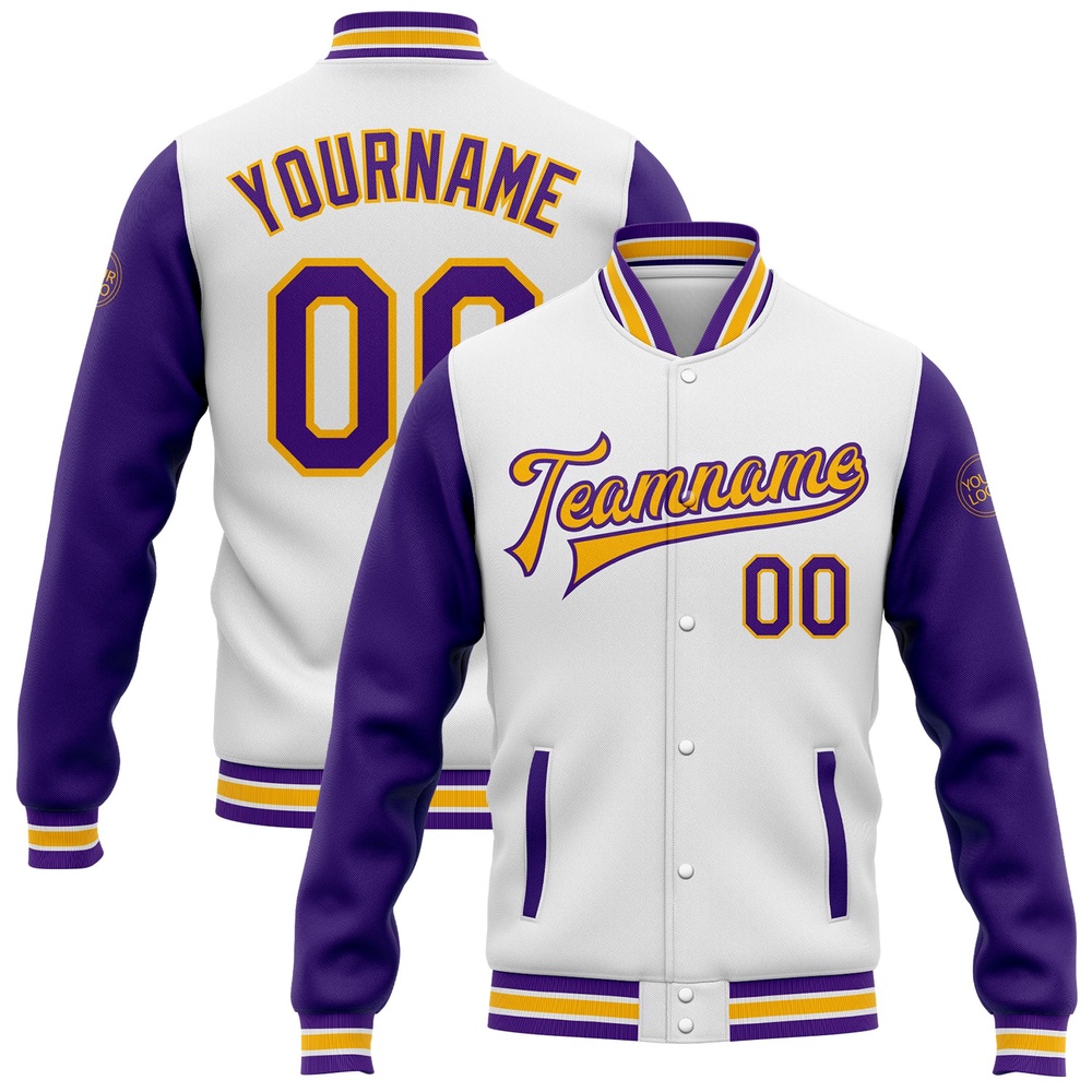 Custom White Purple Gold Bomber Full Snap Varsity Baseball Jacket, Custom Team Jacket Custom White Purple Gold Bomber Full Snap Varsity Baseball Jacket, Custom Team Jacket
