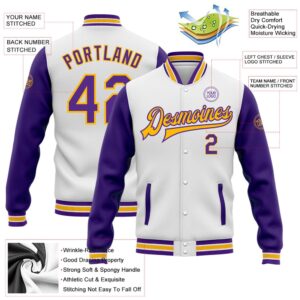 Custom White Purple Gold Bomber Full Snap Varsity Baseball Jacket Custom Team Jacket 2 x1esbv.jpg