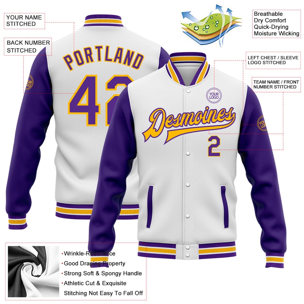 Custom White Purple Gold Bomber Full Snap Varsity Baseball Jacket, Custom Team Jacket Custom White Purple Gold Bomber Full Snap Varsity Baseball Jacket, Custom Team Jacket