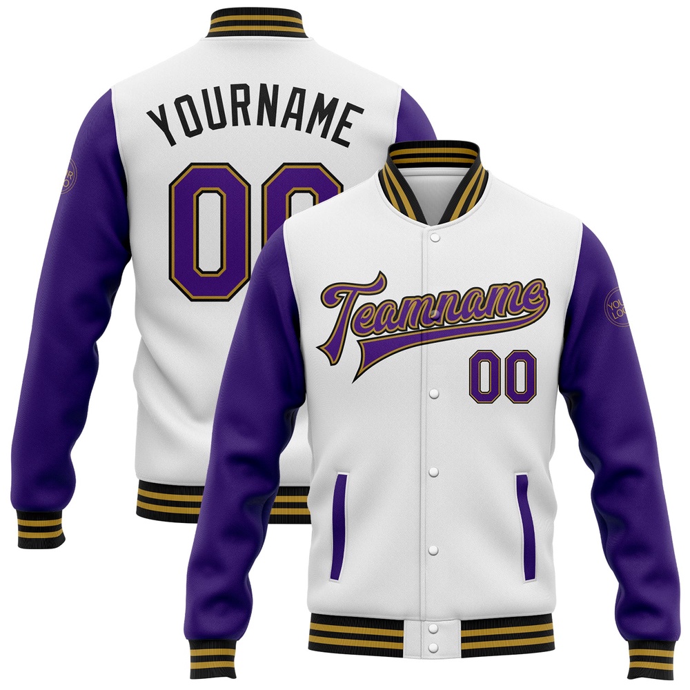 Custom White Purple Old Gold Black Bomber Full Snap Varsity Baseball Jacket, Custom Team Jacket Custom White Purple Old Gold Black Bomber Full Snap Varsity Baseball Jacket, Custom Team Jacket