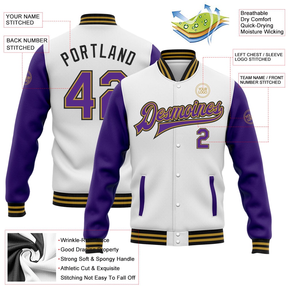 Custom White Purple Old Gold Black Bomber Full Snap Varsity Baseball Jacket, Custom Team Jacket Custom White Purple Old Gold Black Bomber Full Snap Varsity Baseball Jacket, Custom Team Jacket