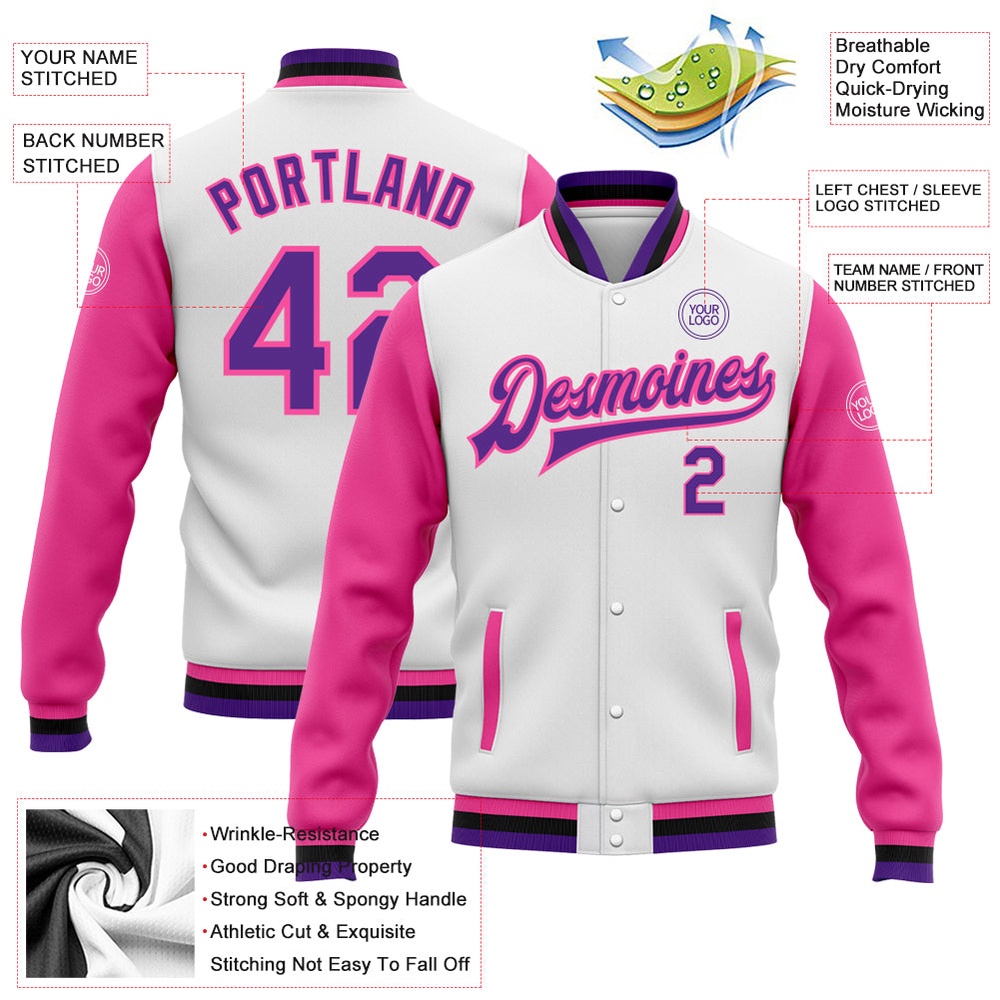 Custom White Purple Pink Black Bomber Full Snap Varsity Baseball Jacket, Custom Team Jacket
