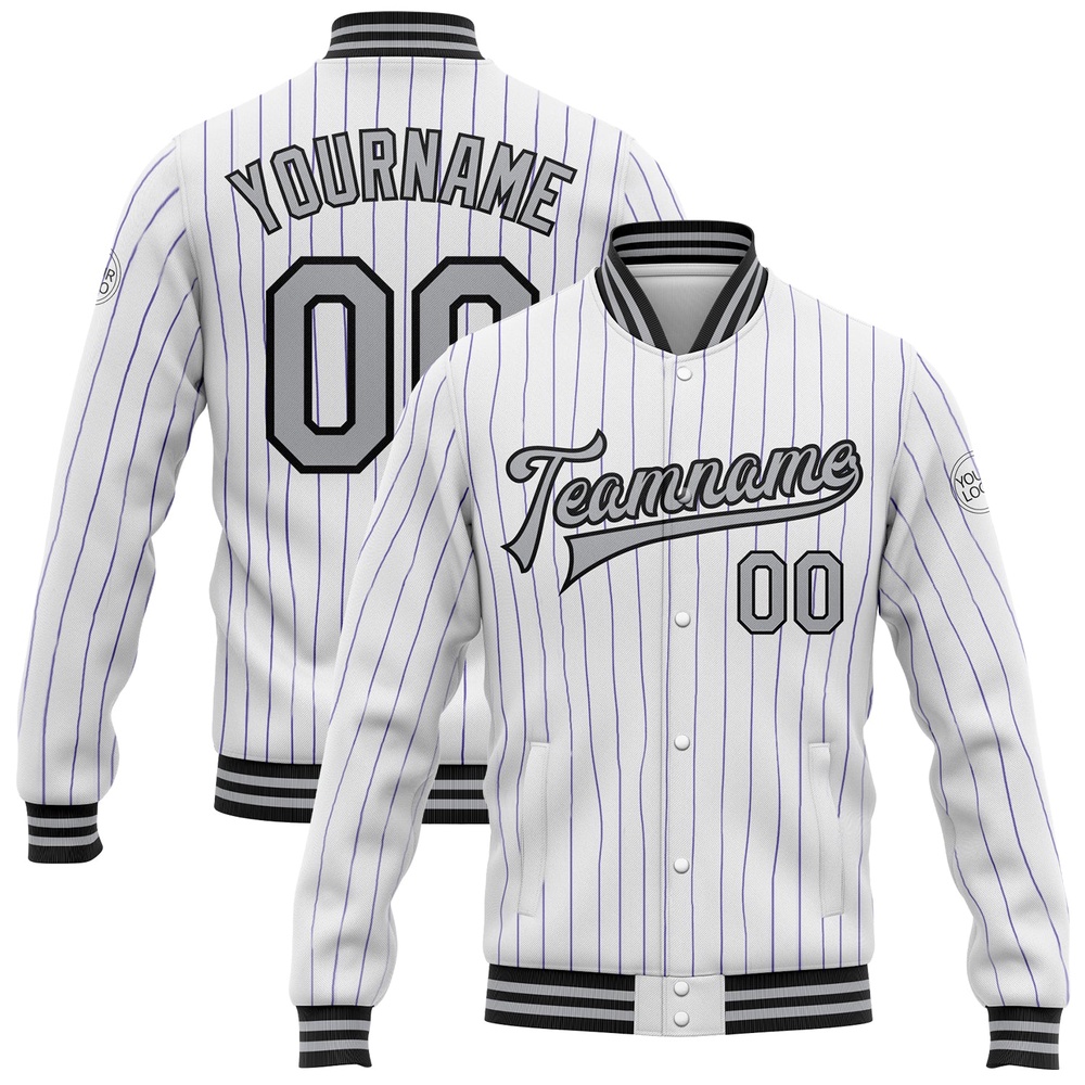 Custom White Purple Pinstripe Gray Black Bomber Full Snap Baseball Jacket, Custom Team Jacket Custom White Purple Pinstripe Gray Black Bomber Full Snap Baseball Jacket, Custom Team Jacket