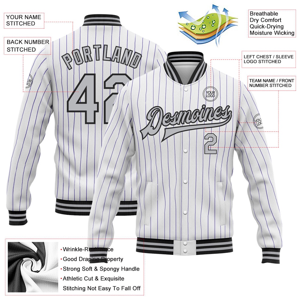 Custom White Purple Pinstripe Gray Black Bomber Full Snap Baseball Jacket, Custom Team Jacket Custom White Purple Pinstripe Gray Black Bomber Full Snap Baseball Jacket, Custom Team Jacket