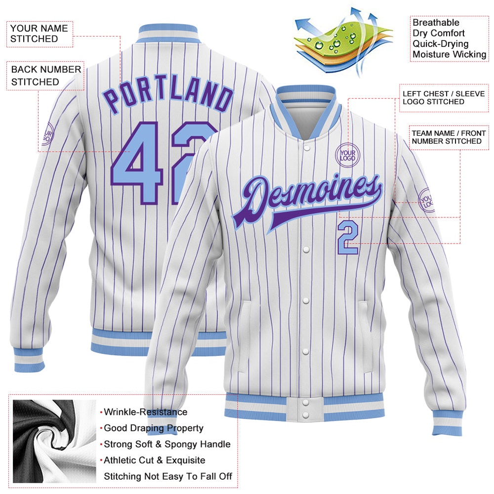 Custom White Purple Pinstripe Light Blue Bomber Full Snap Baseball Jacket, Custom Team Jacket