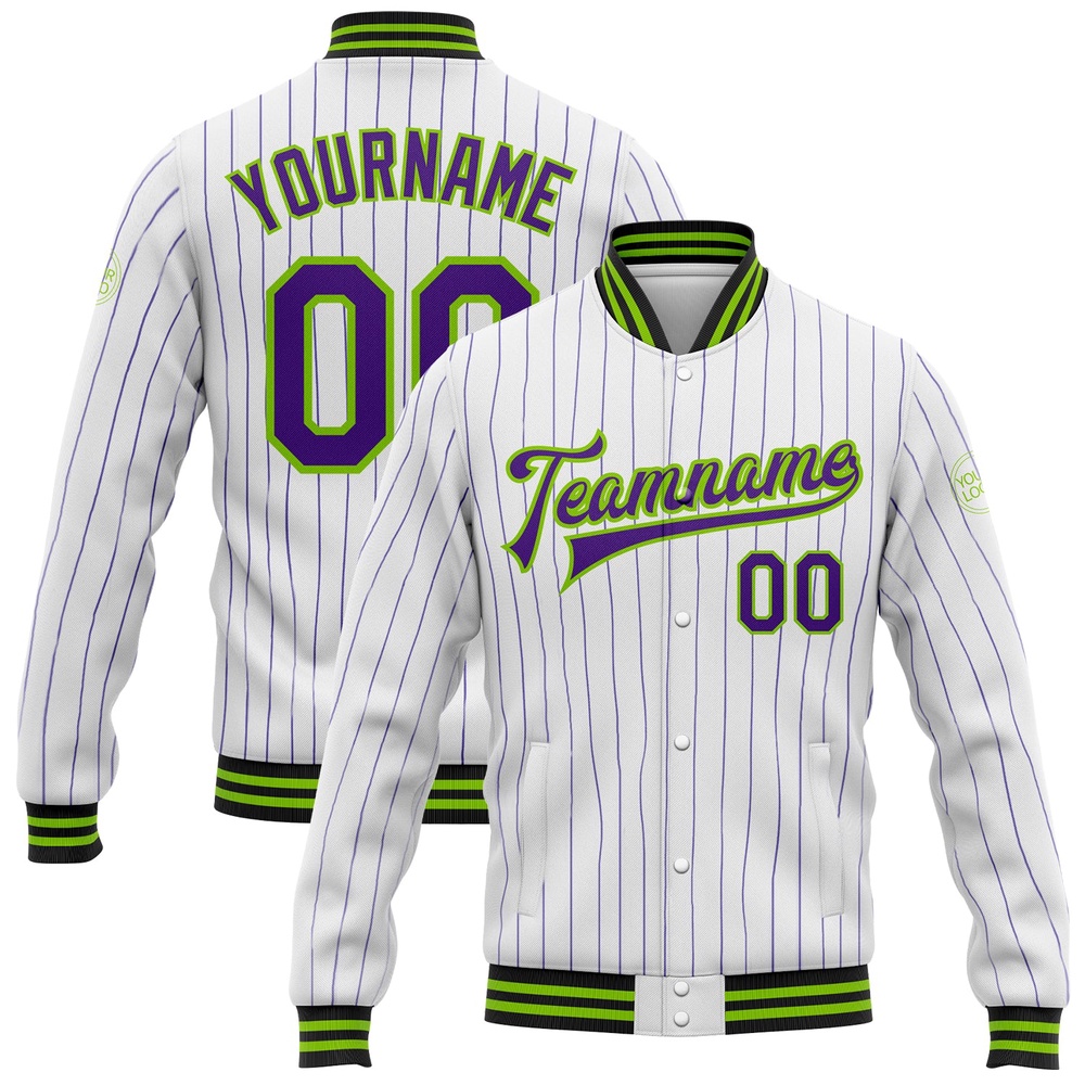 Custom White Purple Pinstripe Neon Green Black Bomber Full Snap Baseball Jacket, Custom Team Jacket