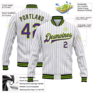 Custom White Purple Pinstripe Neon Green Black Bomber Full Snap Baseball Jacket Custom Team Jacket 2 gddqle.jpg