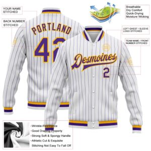 Custom White Purple Pinstripe Purple Gold Bomber Full Snap Baseball Jacket Custom Team Jacket 2 rbga8y.jpg