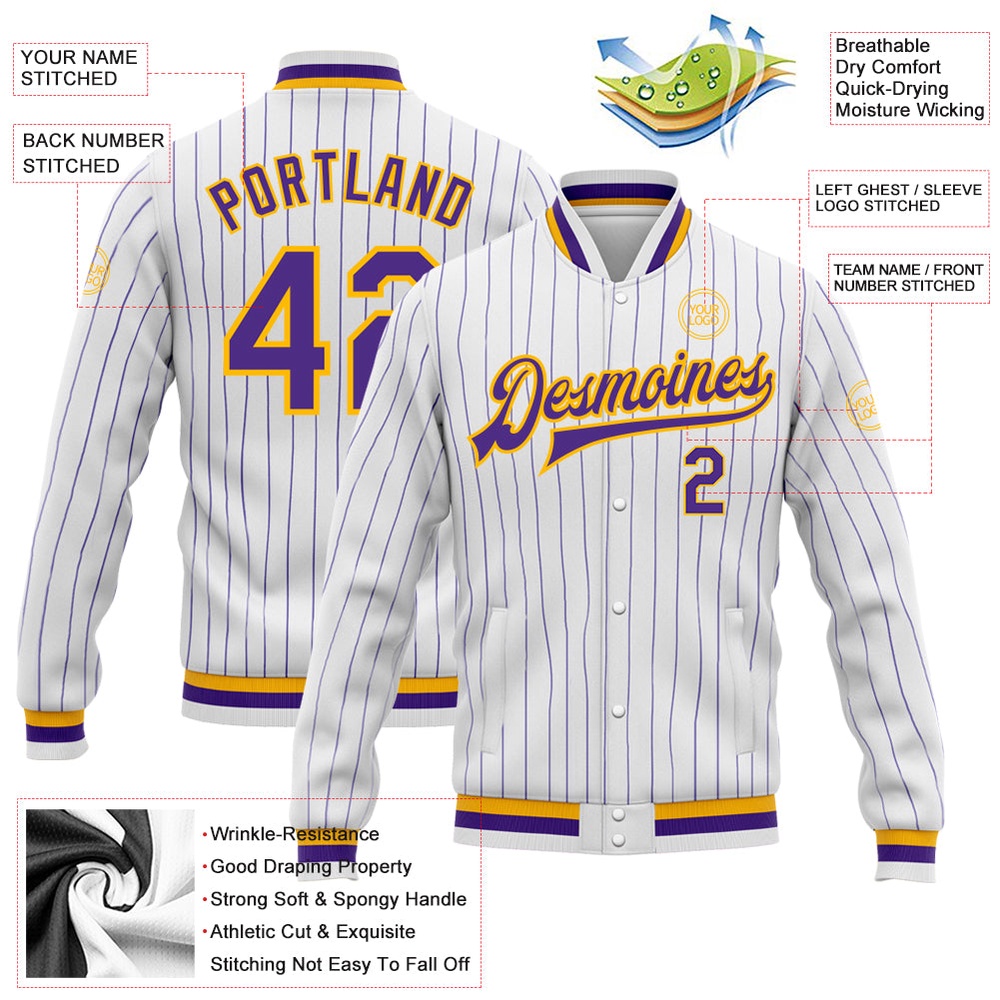 Custom White Purple Pinstripe Purple Gold Bomber Full Snap Baseball Jacket, Custom Team Jacket