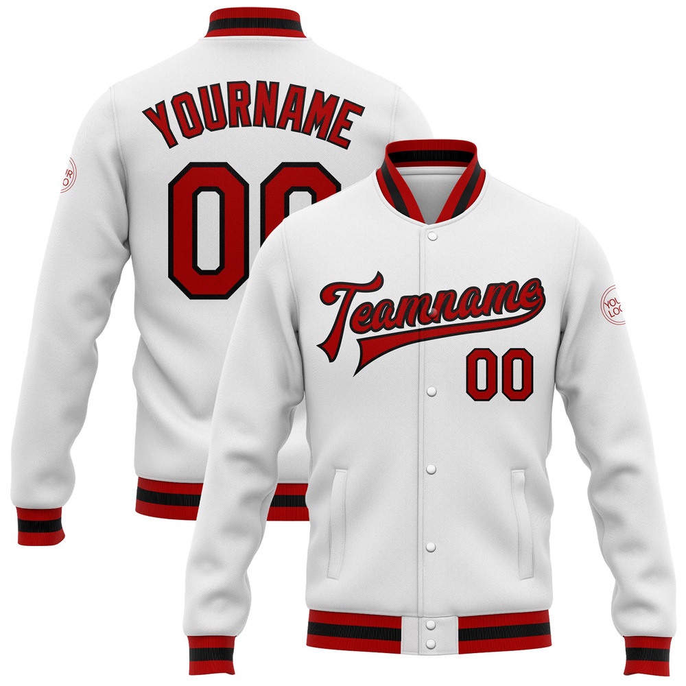 Custom White Red Black Bomber Full Snap Baseball Jacket, Custom Team Jacket