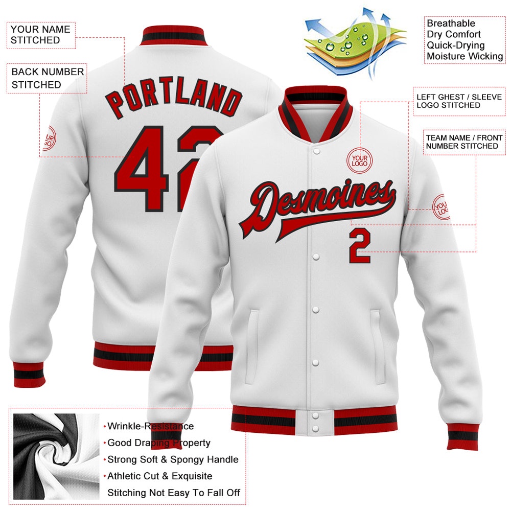 Custom White Red Black Bomber Full Snap Baseball Jacket, Custom Team Jacket