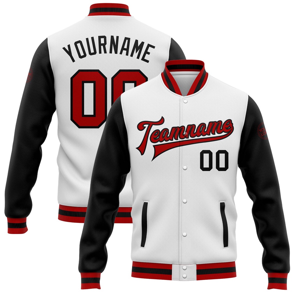 Custom White Red Black Bomber Full Snap Varsity Baseball Jacket, Custom Team Jacket