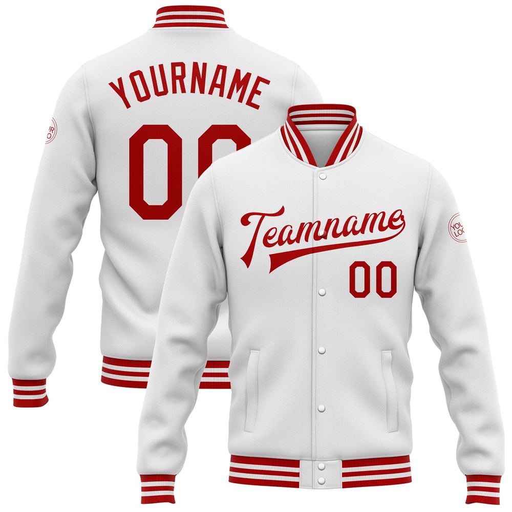 Custom White Red Bomber Full Snap Baseball Jacket, Custom Team Jacket
