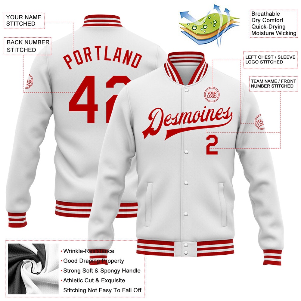 Custom White Red Bomber Full Snap Baseball Jacket, Custom Team Jacket