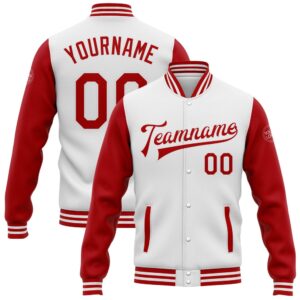 Custom White Red Bomber Full Snap Varsity…