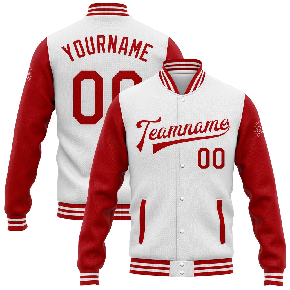 Custom White Red Bomber Full Snap Varsity Baseball Jacket, Custom Team Jacket