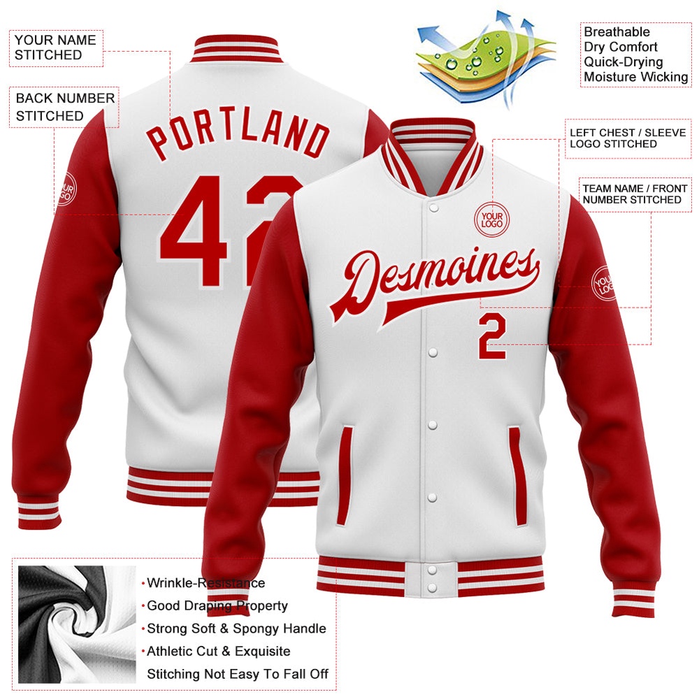 Custom White Red Bomber Full Snap Varsity Baseball Jacket, Custom Team Jacket