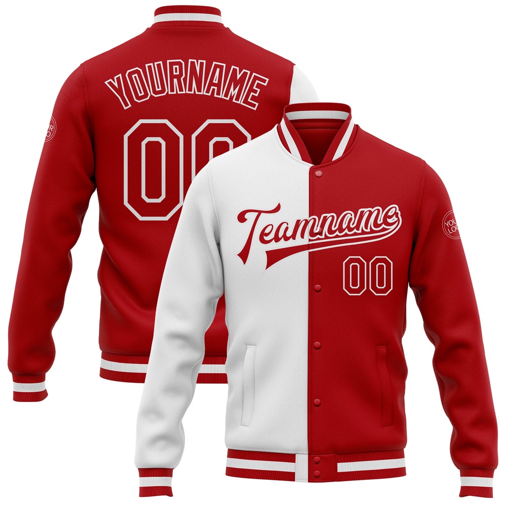 Custom White Red Bomber Full Snap Varsity Letterman Split Fashion Jacket, Custom Team Jacket Custom White Red Bomber Full Snap Varsity Letterman Split Fashion Jacket, Custom Team Jacket