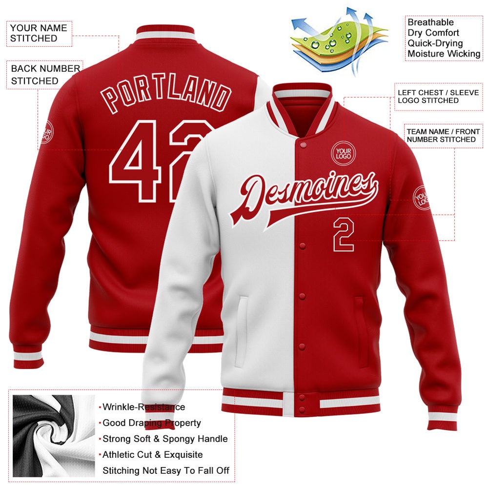 Custom White Red Bomber Full Snap Varsity Letterman Split Fashion Jacket, Custom Team Jacket Custom White Red Bomber Full Snap Varsity Letterman Split Fashion Jacket, Custom Team Jacket