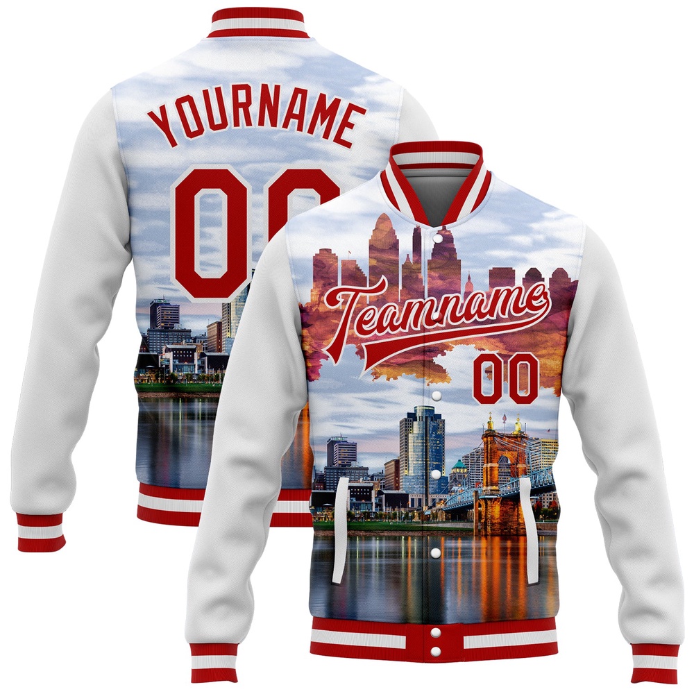 Custom White Red Cincinnati Ohio City Edition 3D Bomber Full Snap Baseball Jacket, Custom Team Jacket Custom White Red Cincinnati Ohio City Edition 3D Bomber Full Snap Baseball Jacket, Custom Team Jacket