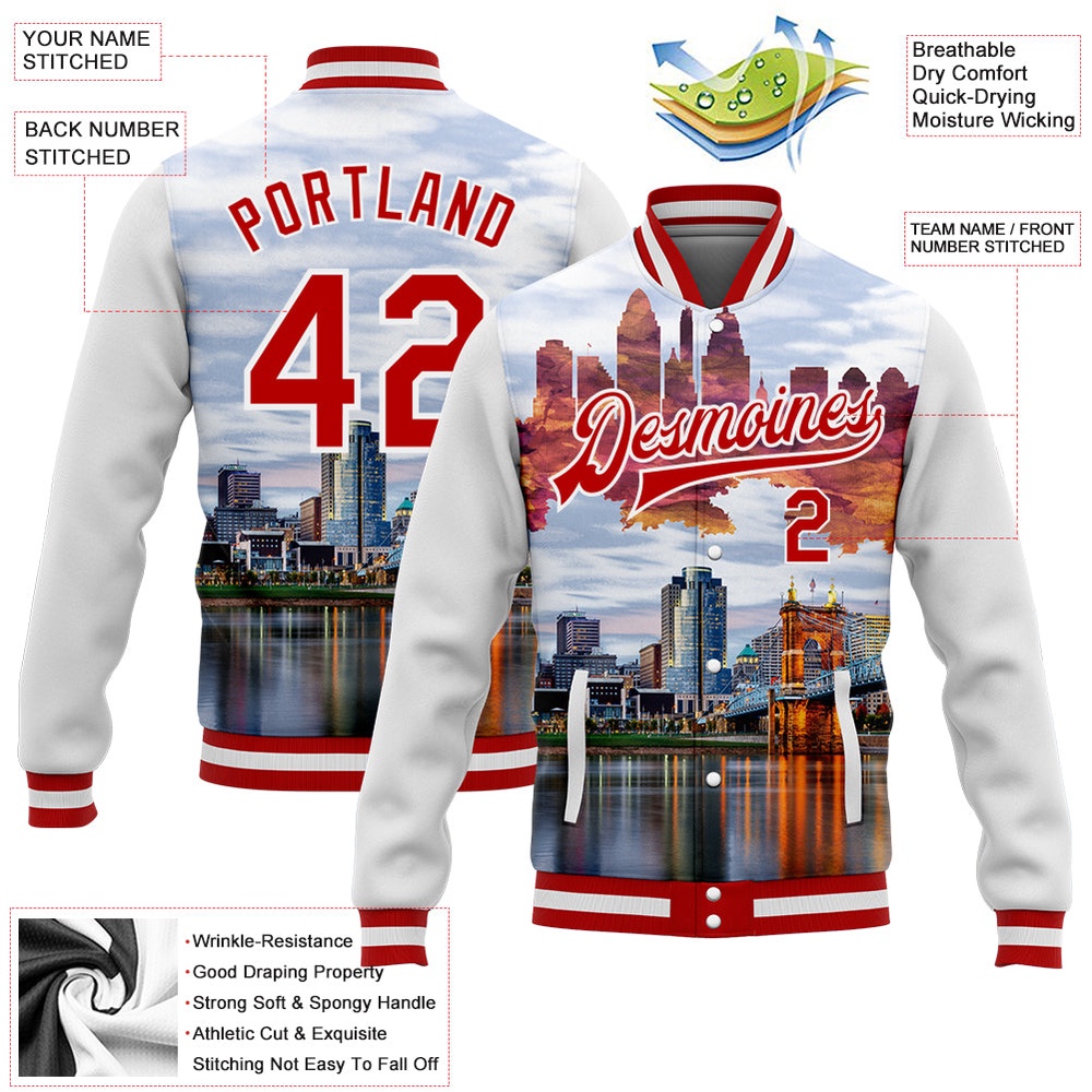 Custom White Red Cincinnati Ohio City Edition 3D Bomber Full Snap Baseball Jacket, Custom Team Jacket Custom White Red Cincinnati Ohio City Edition 3D Bomber Full Snap Baseball Jacket, Custom Team Jacket