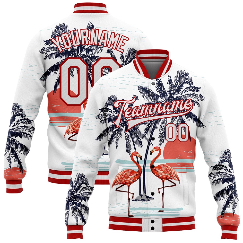 Custom White Red Flamingo And Tropical Hawaii Palm Tree 3D Bomber Full Snap Baseball Jacket, Custom Team Jacket