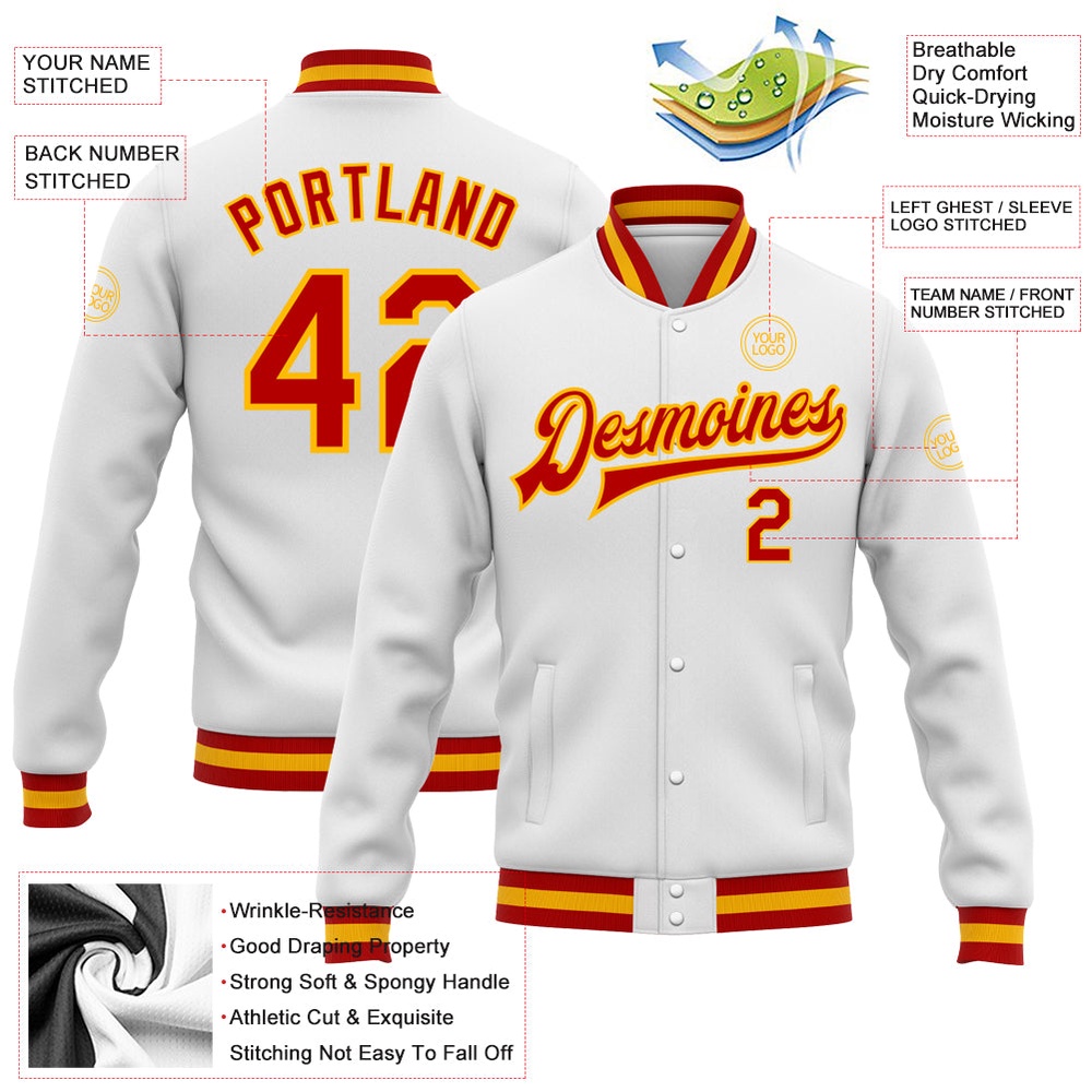 Custom White Red Gold Bomber Full Snap Baseball Jacket, Custom Team Jacket