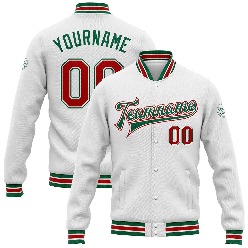 Custom White Red Kelly Green Bomber Full Snap Baseball Jacket, Custom Team Jacket Custom White Red Kelly Green Bomber Full Snap Baseball Jacket, Custom Team Jacket