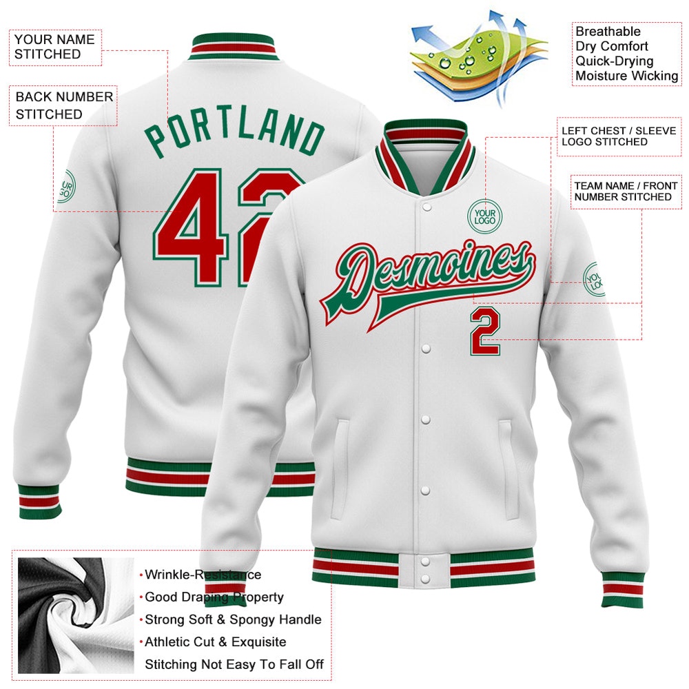 Custom White Red Kelly Green Bomber Full Snap Baseball Jacket, Custom Team Jacket Custom White Red Kelly Green Bomber Full Snap Baseball Jacket, Custom Team Jacket