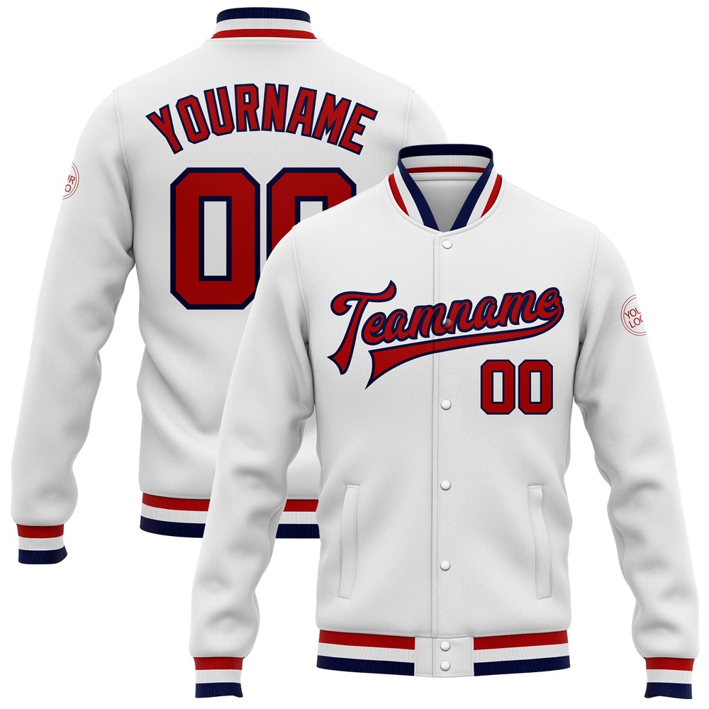 Custom White Red Navy Bomber Full Snap Baseball Jacket, Custom Team Jacket